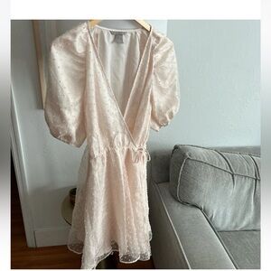 Pink Polka Dots Wrap Emerson Babydoll Coquette Puff Sleeves Mini Dress S